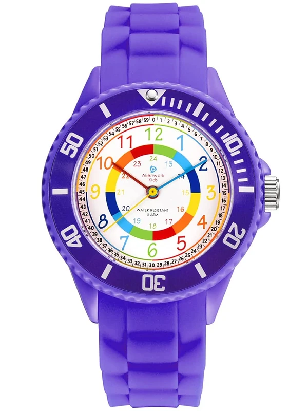 Alienwork Kids Children's Teacher Watch Girls Violet Silicone Strap Multi-Coloured Children's Kid Waterproof 5 ATM Learning Time