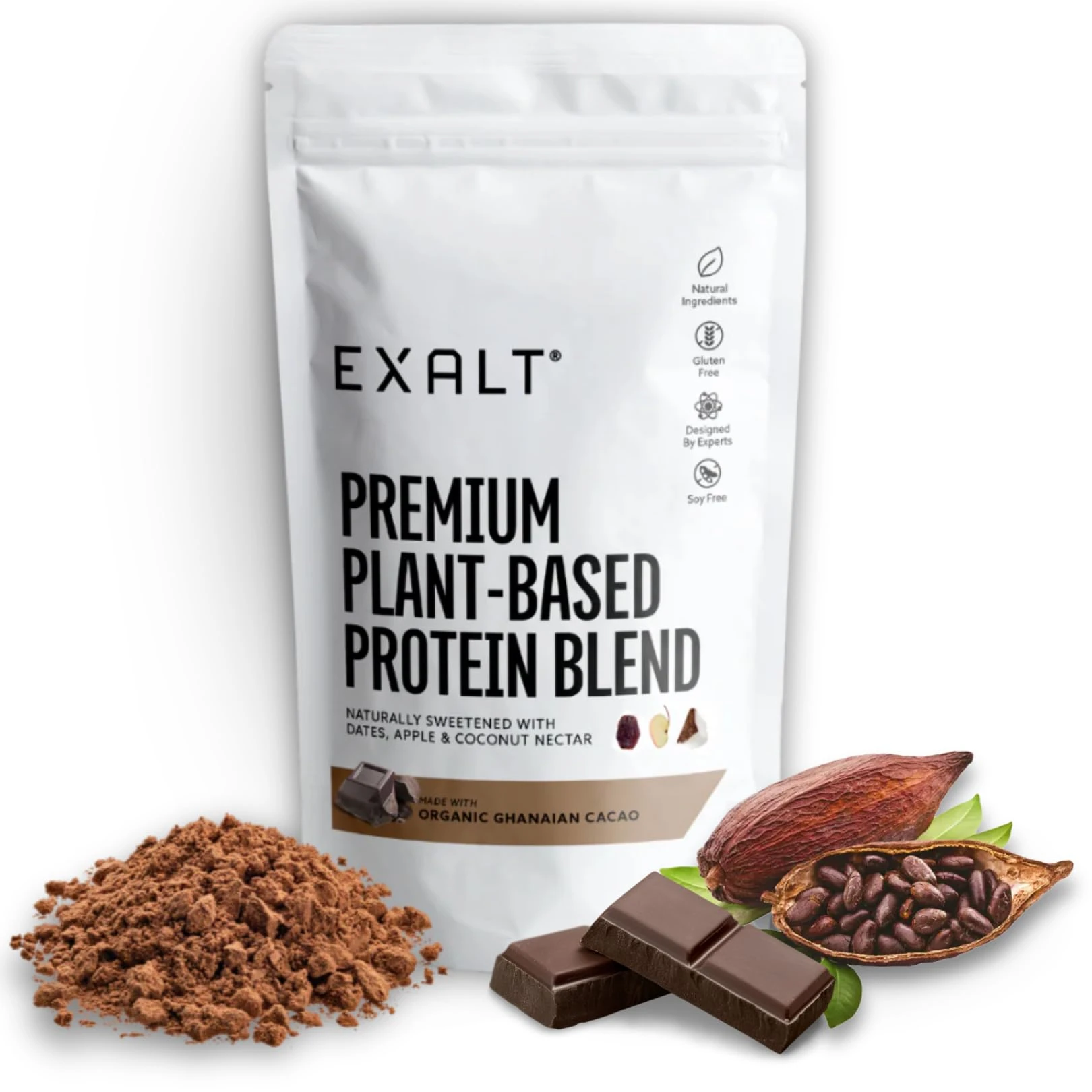 EXALT Nutrition - Vegan Protein Powder - Ghanaian Cacao - 100% Natural - Plant Based Pea & Brown Rice Protein - Dual Release Blend - Naturally Sweetened - Free from Soy, Gluten & Dairy - 500g