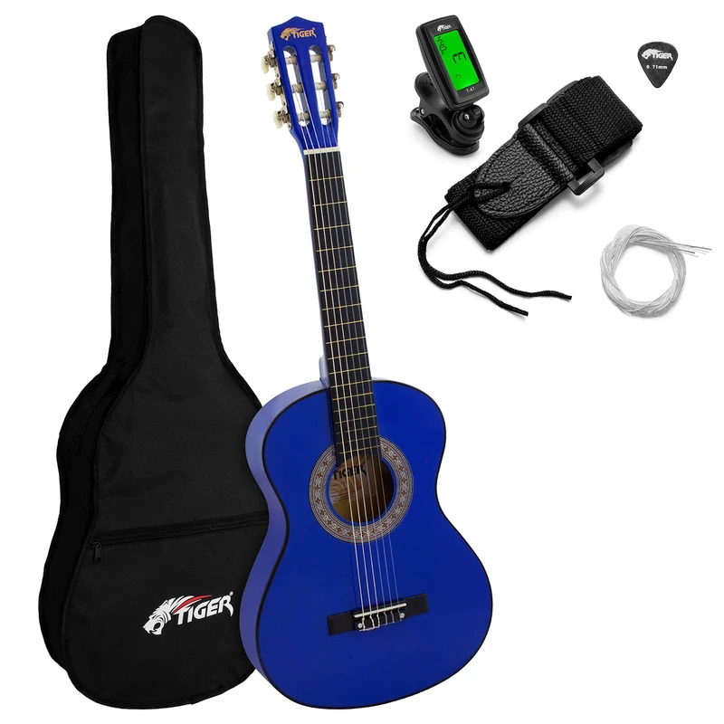 Tiger CLG4-BLTU Classical Spanish Guitar 3/4 – Ideal for Beginners and Children Aged 9+ - Tuner, Bag, Pick, Strap, Spare Strings Included - Blue- Three Quarter sized
