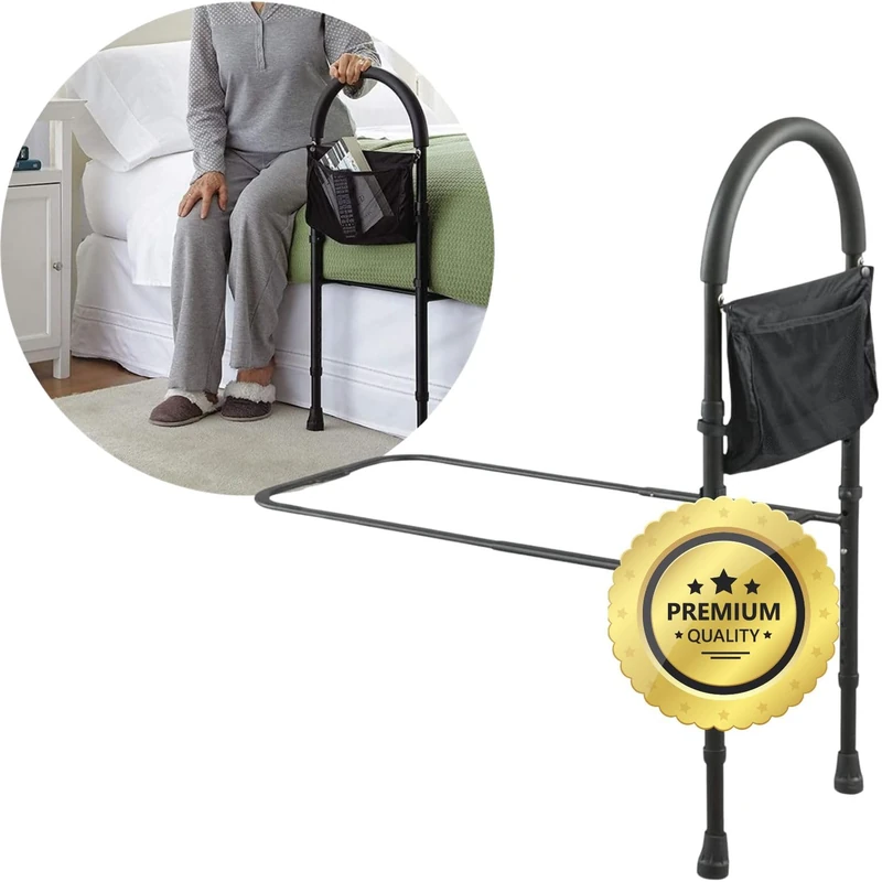 OrtoPrime Bed Rail for Elderly – Adjustable Bed Grab Rail with Padded Handle & Pocket – Adult Bed Guard Rail for Safety & Support – Foldable Bed Assist Rail for Getting In and Out of Bed