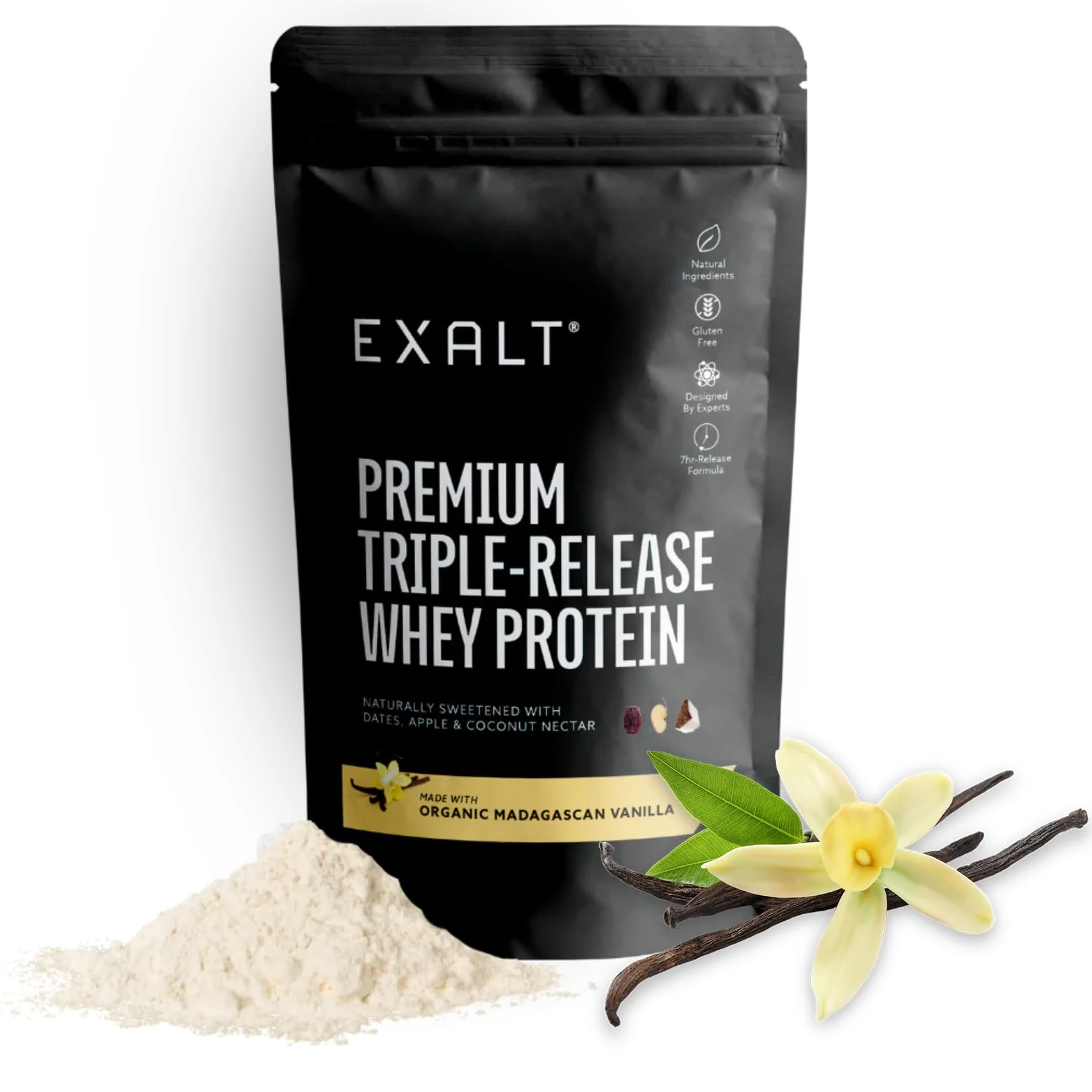 EXALT Nutrition - Whey Protein Powder - Madagascan Vanilla - 500g - Premium Grass Fed Whey - Micellar Casein & Free Range Egg White - 7hr Triple-Release Blend - Naturally Sweetened with Dates