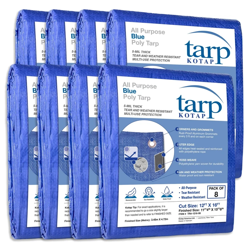 Kotap TRA-1216-08 Multiple Sizes All Purpose 5-mil Poly Tarp, 12 x 16 ft, Blue
