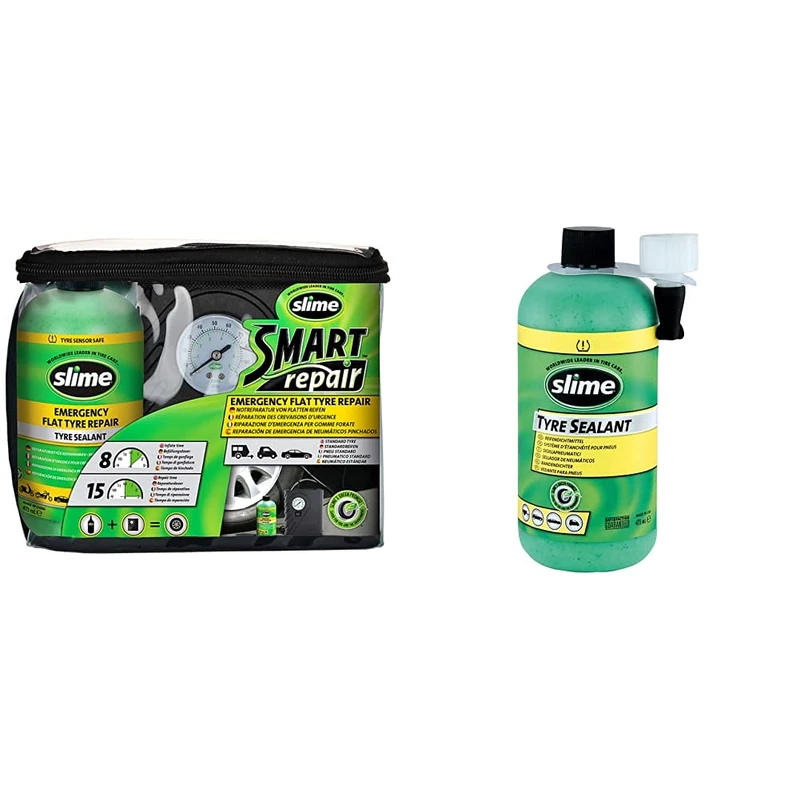 Slime CRK0305-IN Flat Tyre Puncture Repair, 15 Min Fix & Slime 10125 Flat Tyre Puncture Repair Sealant, Smart Repair Kit Refill, Suitable for Cars, Non-toxic, Eco-friendly, 473 mL (16oz) Bottle