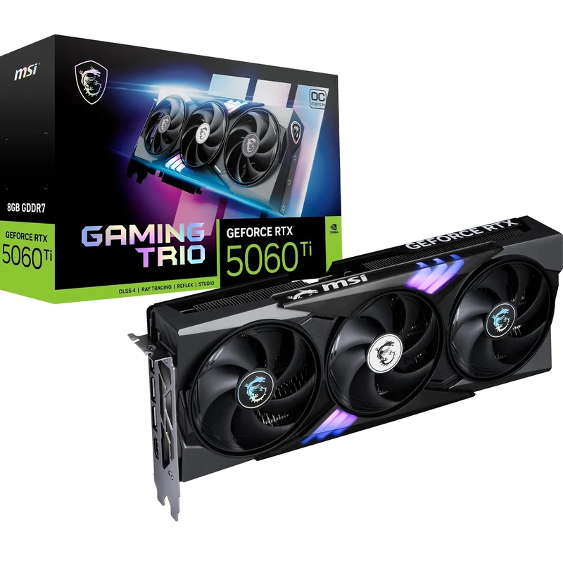 MSI GeForce RTX 5060 Ti 8G GAMING TRIO OC Graphics Card - RTX 5060 Ti GPU, 8GB GDDR7 (28Gbps/128-bit), PCIe 5.0 - TRI FROZR 4 (3 x STORMFORCE FAN) - RGB - HDMI 2.1b, DisplayPort 2.1b