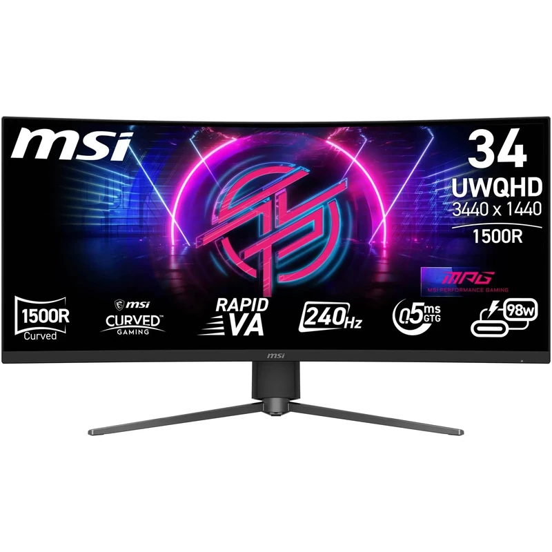 MSI MPG 346CQRXF X24 34-Inch UWQHD 1500R Gaming Monitor, 3440x1440 Rapid VA, 240Hz, 0.5ms, DisplayHDR 400, KVM, HDMI 2.1, DP 1.4a, USB C (98W PD), Frame-less, Tilt/Height Adjustable, Black