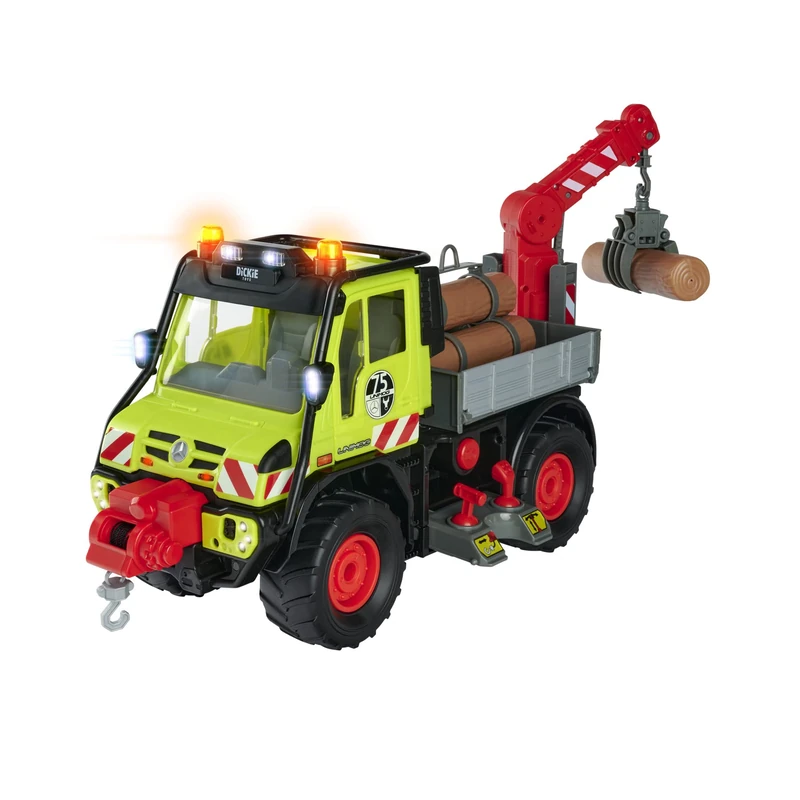Dickie Toys - Unimog Wooden Transporter with Electric Winch and Crane Arm with Joystick Control, with Sound and Light, for Children from 3 Years, Multicoloured