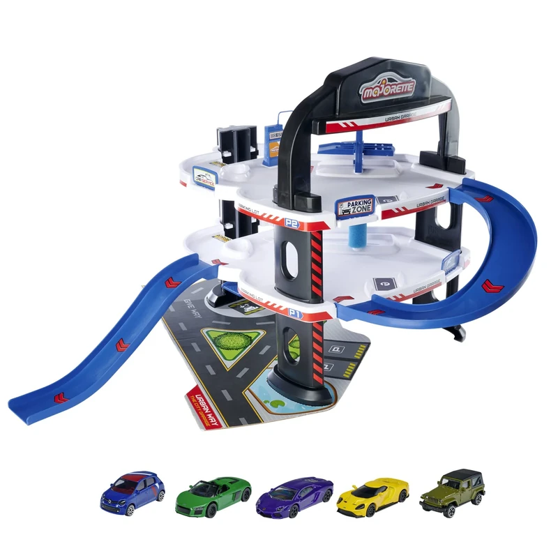 Majorette Urban Garage - Parking Garage with 5 Metal Toy Cars, Large 3 Level Car Park, Gas Station, Workshop, Lift, Car Wash