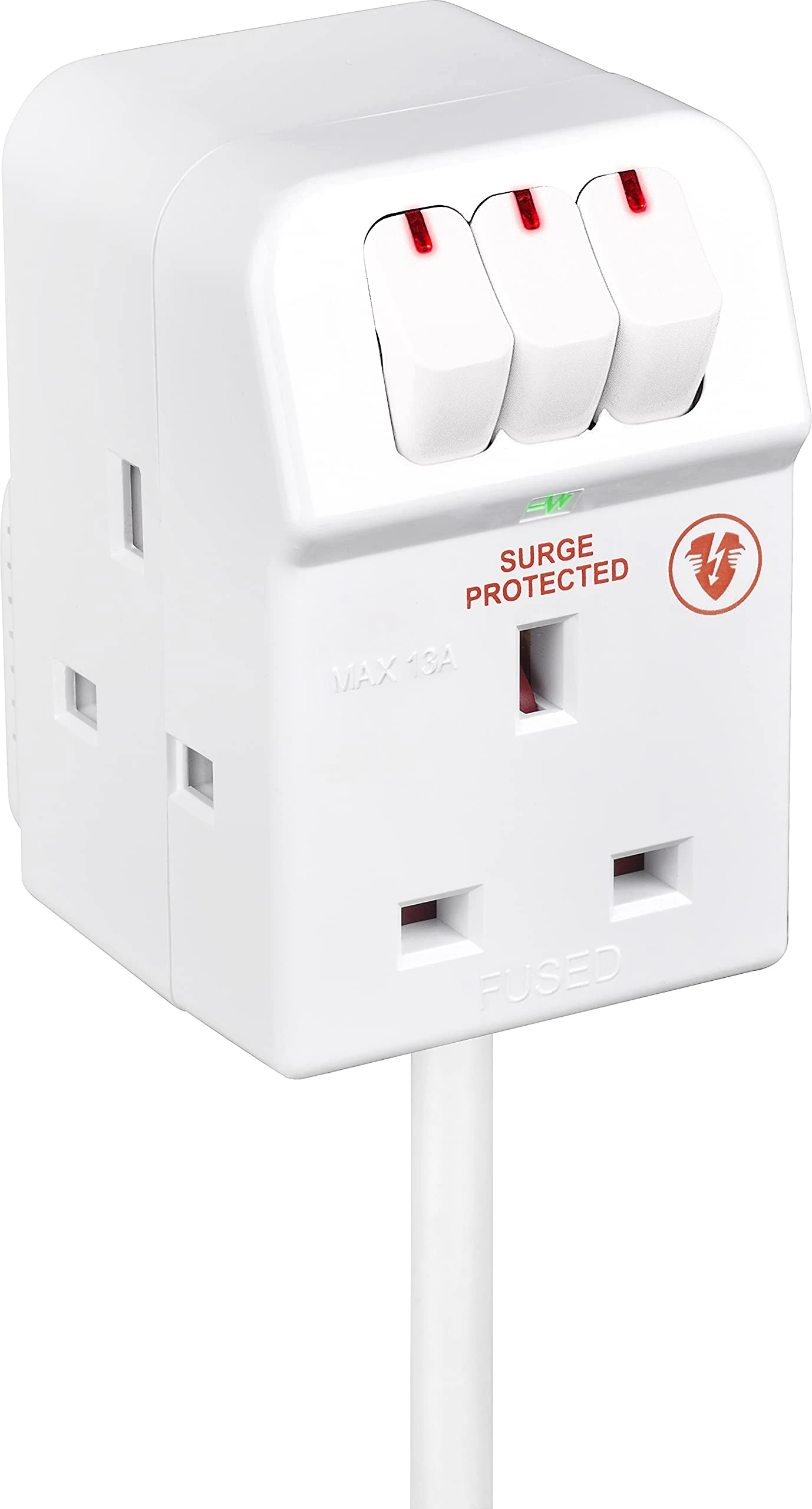 Masterplug Three Socket Surge Compact Adaptor Extension Lead, 2 Metre, White