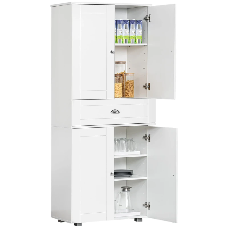 HOMCOM 184cm Tall Kitchen Cupboard, Freestanding Kitchen Pantry Storage Cabinet with 4 Doors, 3 Adjustable Shelves, Drawer, Anti-tipping Device, Sideboard Organiser for Dining Room, Living Room, White