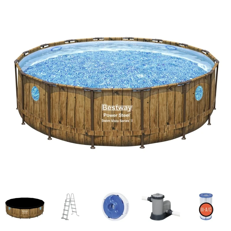 Bestway Power Steel Swim Vista Pool Set, Family Swimming Pool with Windows, Rattan Print Garden Pool with Filter Pump, Ladder, Pool Cover and ChemConnect Dispenser 16ft, Grey