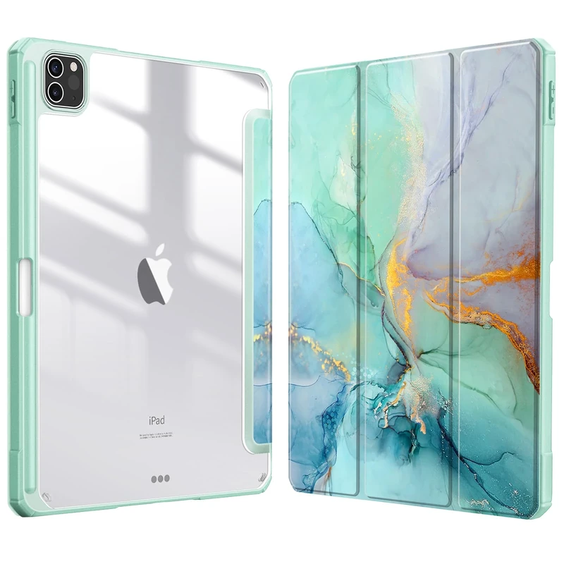 FINTIE Hybrid Case Compatible with iPad Pro 11 Inch (2022-2018) Not for 2024 - Ultra Slim Shockproof Clear Cover w/Pencil Holder, Auto Wake/Sleep, Emerald Marble