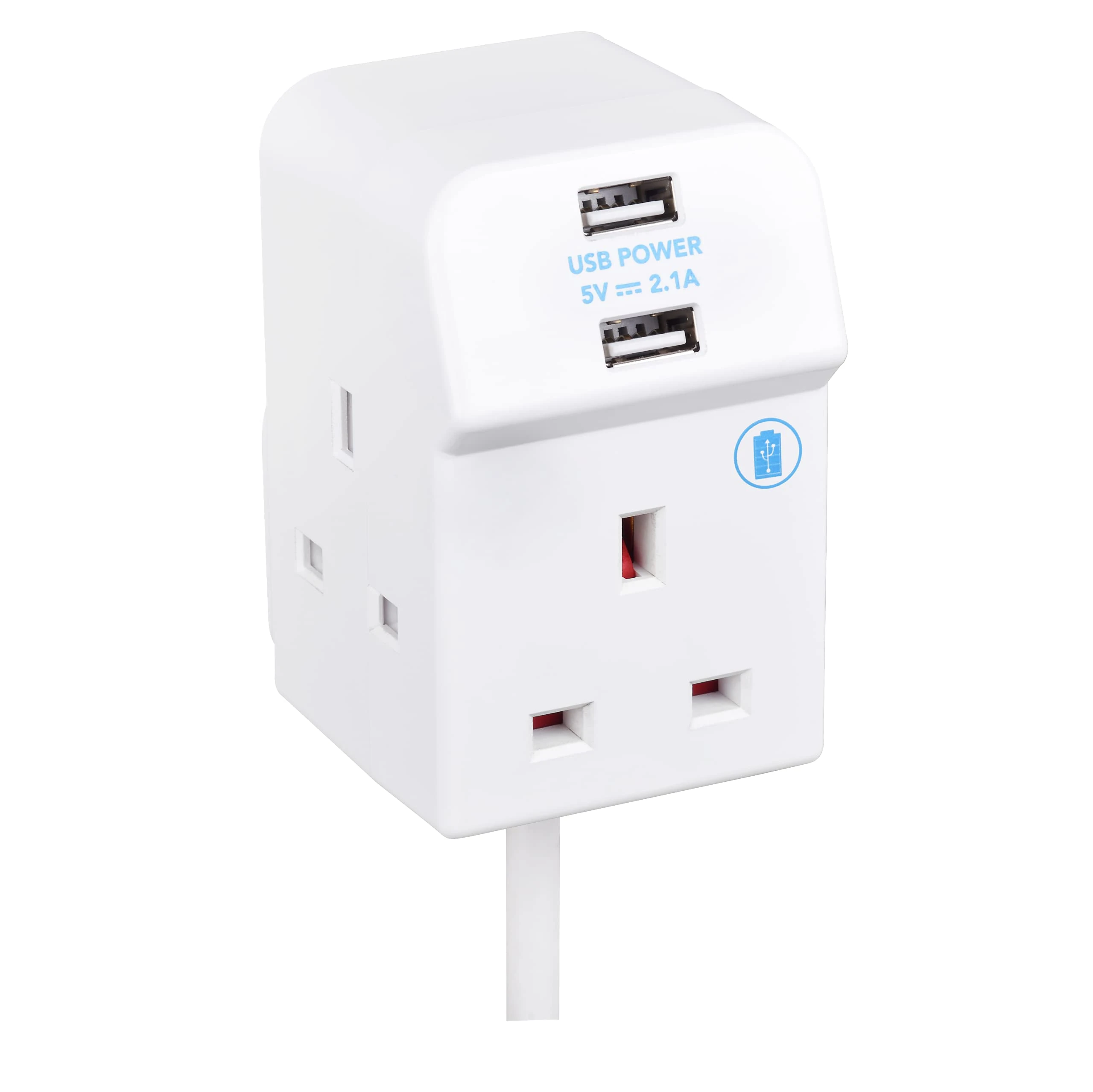 Masterplug Three Socket Compact Extension Lead with Two USB Charging Ports, 2 Metre Cable, White