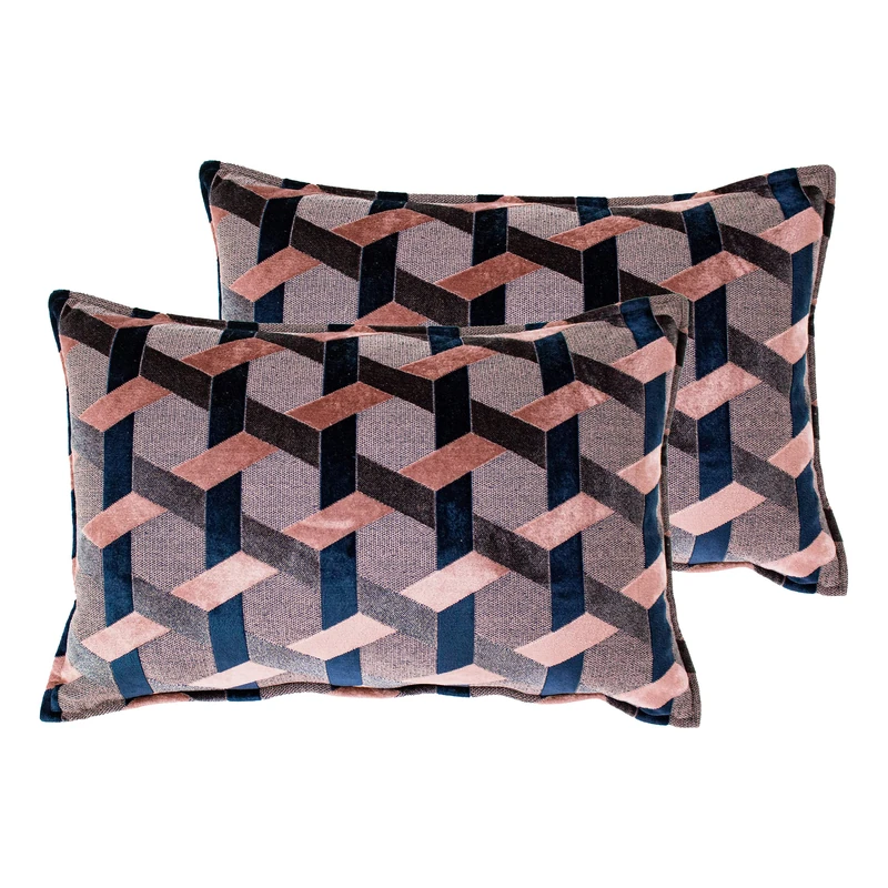 Paoletti Delano Twin Pack Feather Filled Cushions, Blush/Navy, 40 x 60cm