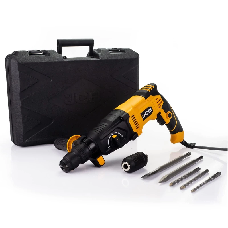 JCB 1050w Rotary Hammer Drill, 240v, Anti-Vibration & Multi Position Side Handle, 4 Modes Drilling, Hammer, Chiselling and Chisel Adjustment, 3 Year Warranty