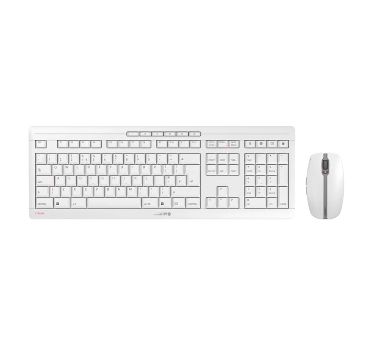 CHERRY STREAM DESKTOP RECHARGE, Wireless Desktop Set, UK Layout (QWERTY), 2.4 GHz RF, Quiet Keystrokes, Rechargeable, White-Grey