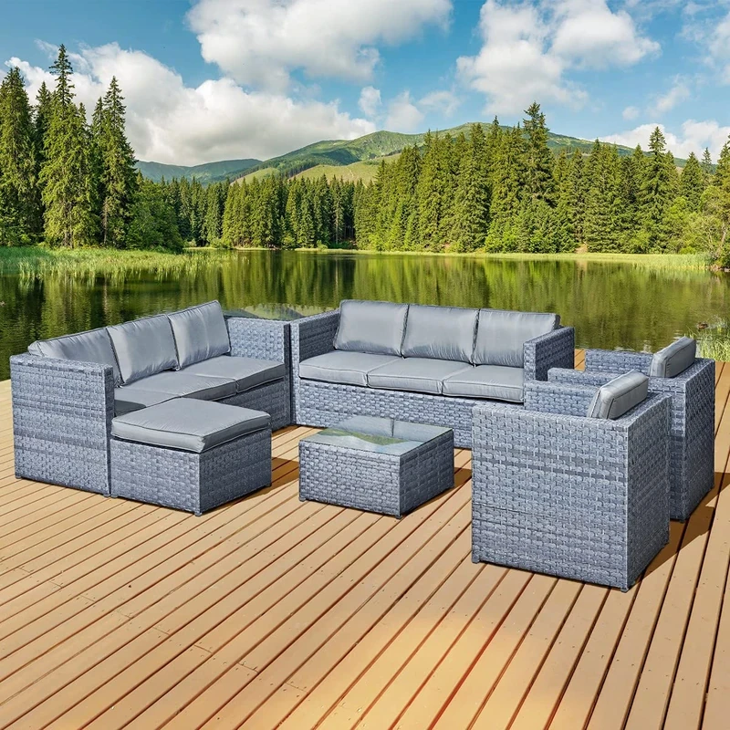 Malta Rattan 9 Seat U-Shape Set in Ocean Grey - Image 1