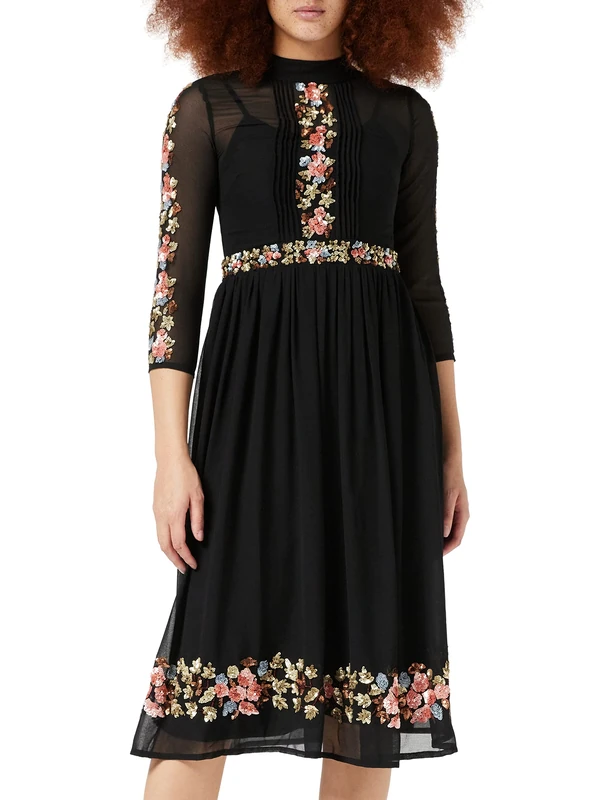 Frock and Frill Women's Aiko Embroidered mini Dress Special Occasion, Black, 8