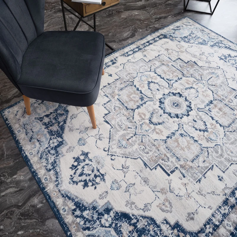 THE RUGS AREA RUG LIVING ROOM BEDROOM LARGE SMALL VINTAGE SOFT SHORT PILE BORDERED CLASSIC ORIENTAL DESIGN TRADITIONAL PERSIAN MOROCCAN BOHO CARPET - MEDIUM 120X170 CM, NAVY TRADITIONAL DESIGN