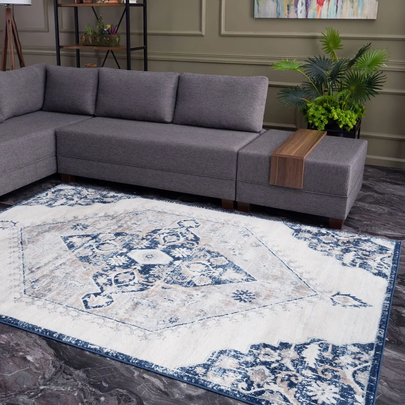 THE RUGS AREA RUG LIVING ROOM BEDROOM LARGE SMALL VINTAGE SOFT SHORT PILE BORDERED CLASSIC ORIENTAL DESIGN TRADITIONAL PERSIAN MOROCCAN BOHO CARPET - MEDIUM 120X170 CM, NAVY VINTAGE DESIGN