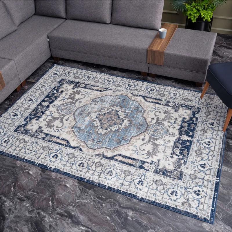 THE RUGS AREA RUG LIVING ROOM BEDROOM LARGE SMALL VINTAGE SOFT SHORT PILE BORDERED CLASSIC ORIENTAL DESIGN TRADITIONAL PERSIAN MOROCCAN BOHO CARPET- LARGE 160X230 CM, NAVY MEDALLION DESIGN