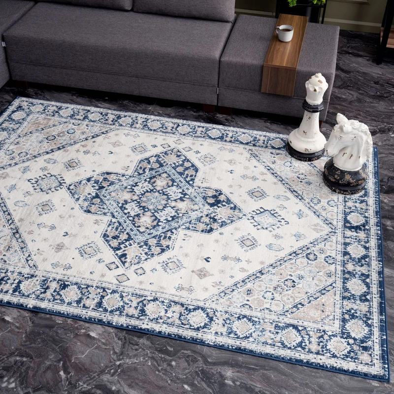 THE RUGS AREA RUG LIVING ROOM BEDROOM LARGE SMALL VINTAGE SOFT SHORT PILE BORDERED CLASSIC ORIENTAL DESIGN TRADITIONAL PERSIAN MOROCCAN BOHO CARPET- LARGE 160X230 CM, NAVY BORDERED DESIGN