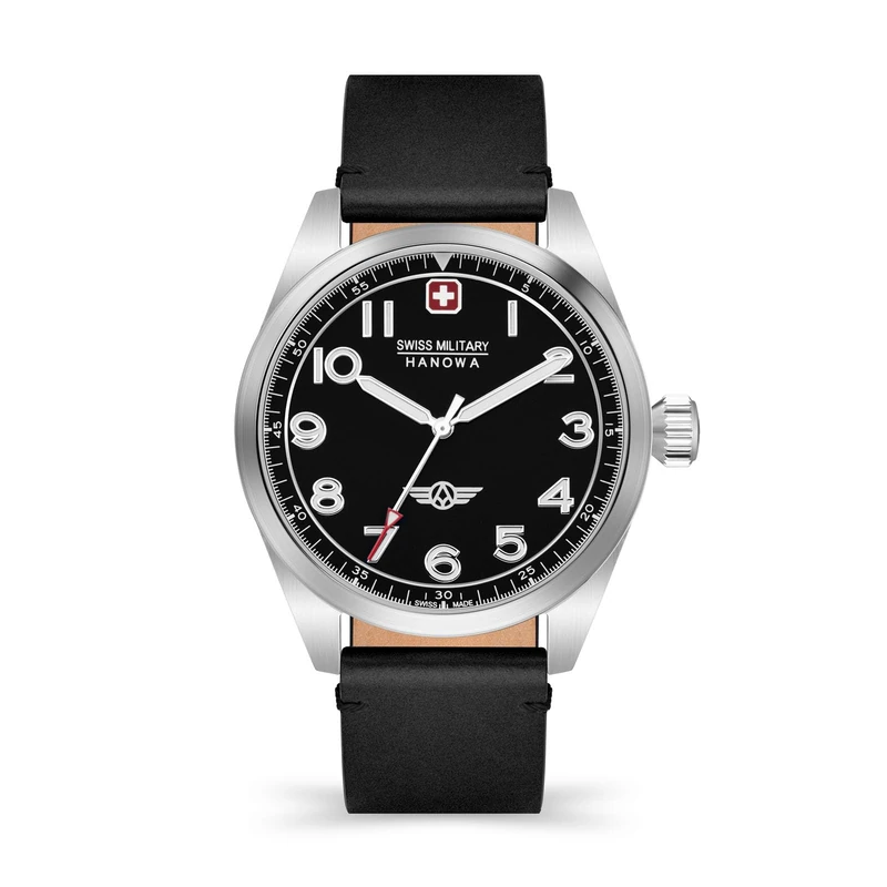 Swiss Military Hanowa Falcon Men's Watch with Genuine Leather Strap 42 mm Diameter Sapphire Glass, Black, Strap.