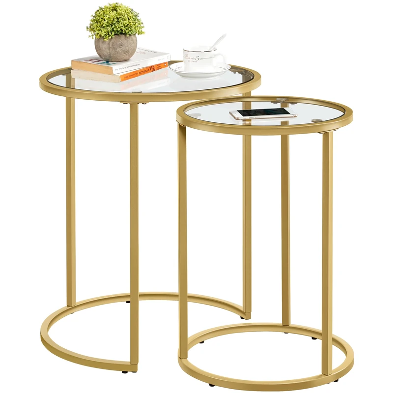 Yaheetech Round Nesting Coffee Tables Set of 2, Glass Top Side Table End Tables with Metal Frame for Living Room Bedroom Office, Gold