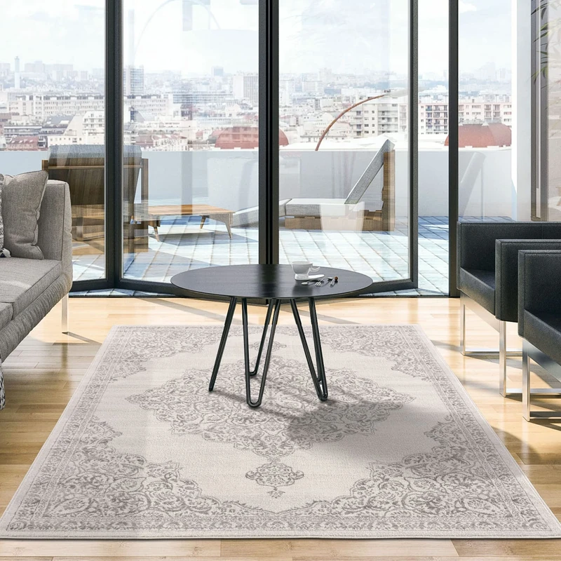 THE RUGS AREA RUG LIVING ROOM BEDROOM LARGE SMALL VINTAGE SOFT SHORT PILE BORDERED CLASSIC ORIENTAL DESIGN TRADITIONAL PERSIAN MOROCCAN BOHO CARPET - LARGE 160X230 CM, GREY VINTAGE DESIGN