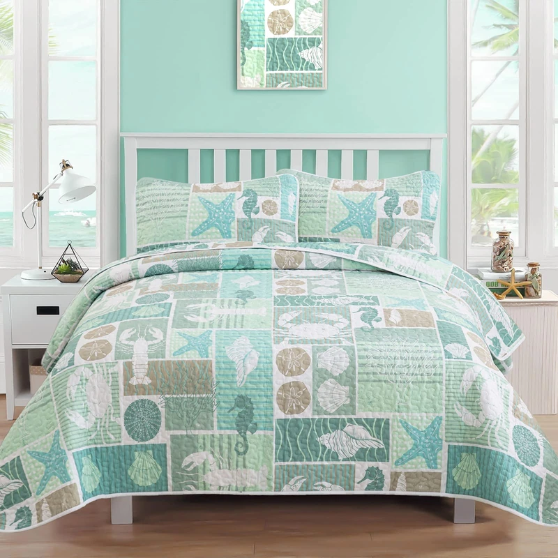 DJY 3 Pieces Quilt Set King Coastal Green Theme Quilt Coverlet Set Beach Reversible Bedspread with 2 Pillow Shams Soft Microfiber Coastal Bedding Quilt for All Season 104"x90"