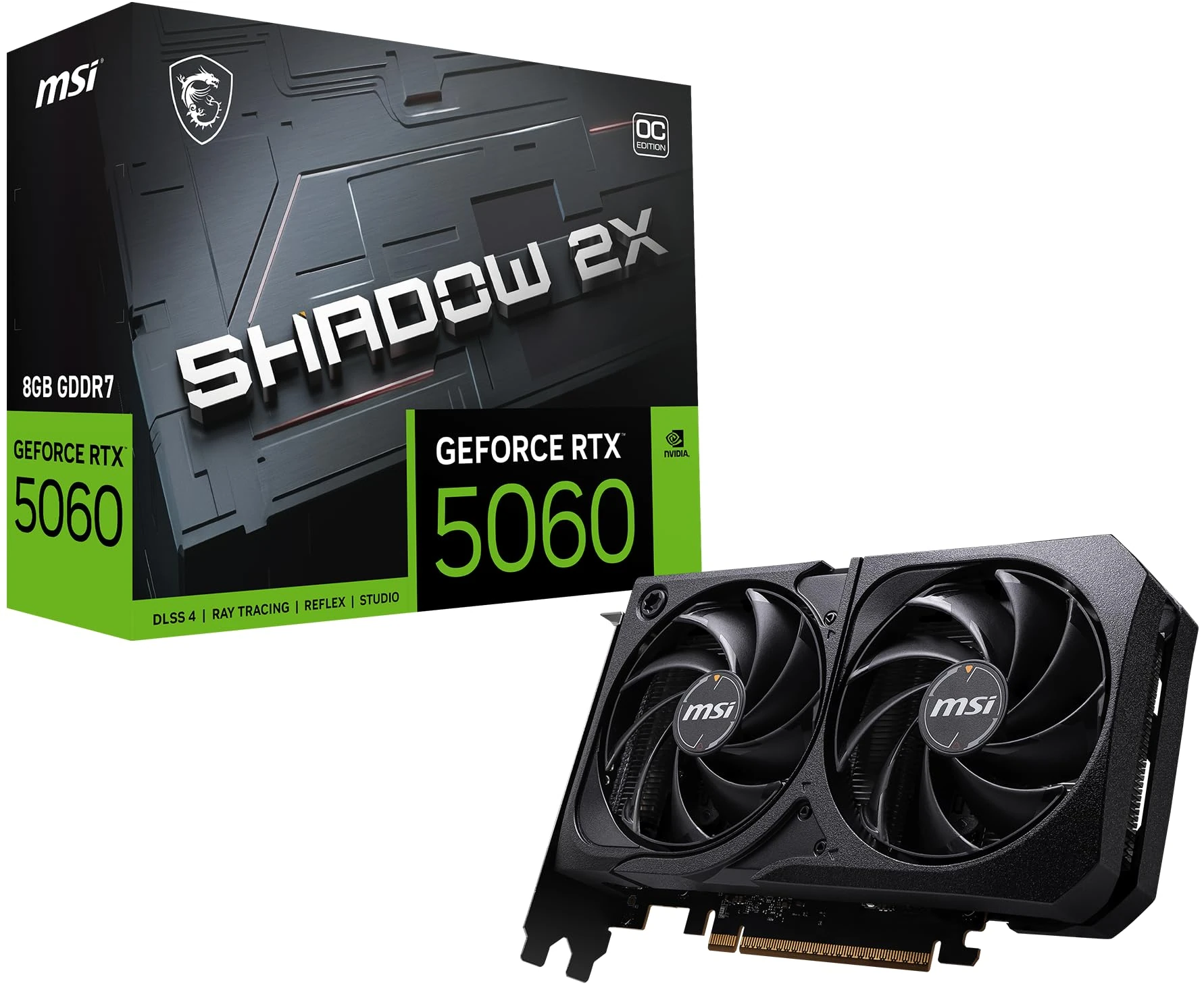 MSI GeForce RTX 5060 8G SHADOW 2X OC Graphics Card - RTX 5060 GPU, 8GB GDDR7 (28Gbps/128-bit), PCIe 5.0 - DUAL-Fan Thermal Design (2 x TORX FAN 5.0) - HDMI 2.1b, DisplayPort 2.1b