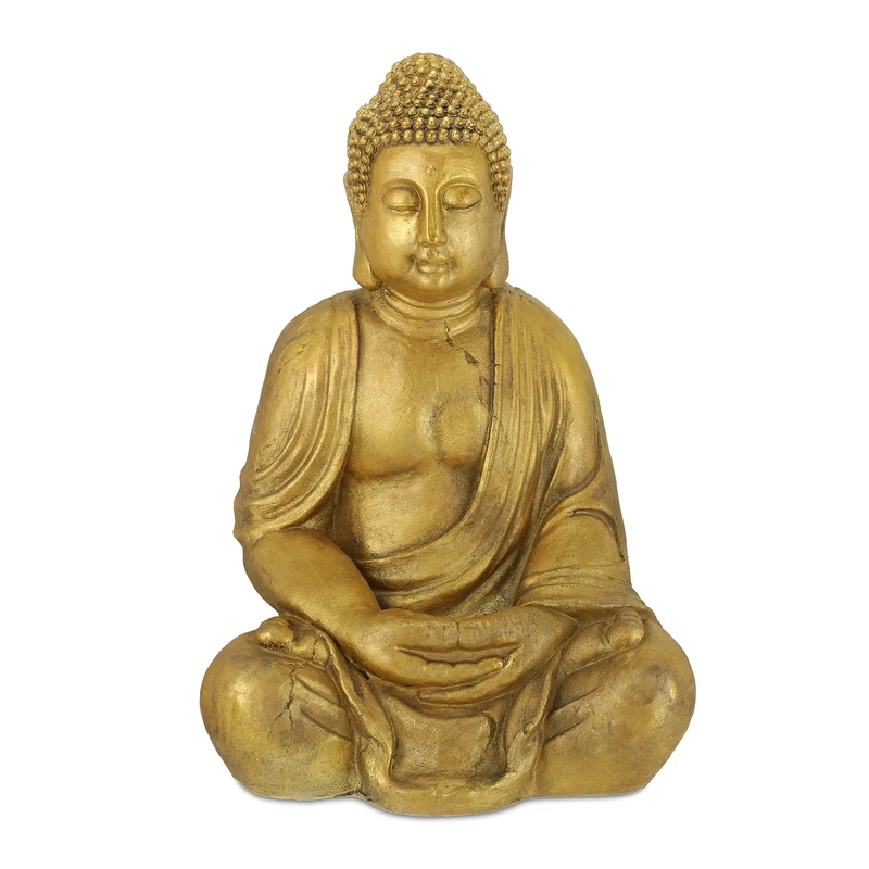 Relaxdays statue, weather-resistant meditating Buddha ornament, zen garden sculpture, 46x34x69 cm (LxWxH), gold, Polyresin, 70 x 45 x 35 cm