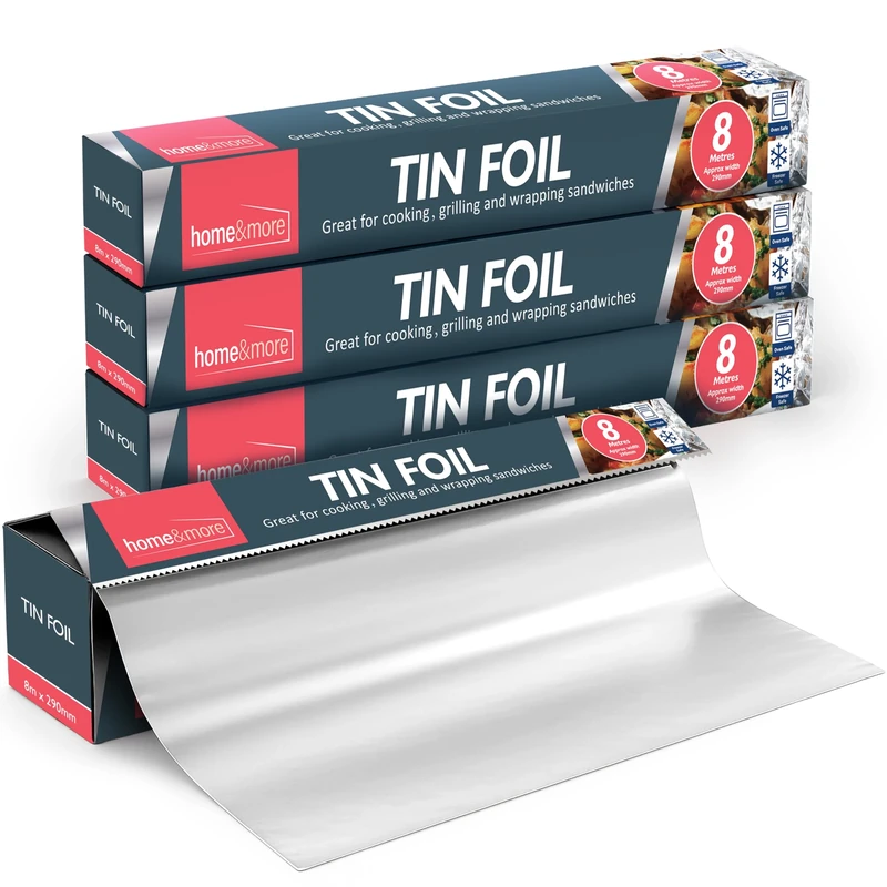 SOL 4pk Tin Foil Roll 8m x 29cm 32m in Total Large Size Heavy Duty Aluminium Foil for Cooking Baking Grilling Food Storage Wrap Kitchen Household Use Heat Resistant Durable Flexible