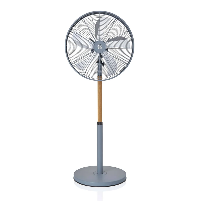 Swan 16-Inch Nordic Pedestal Fan in Grey, 4 Power Levels, Oscillation Function, Scandinavian Design, Wood Accents, Adjustable Height, SFA16910GRYN