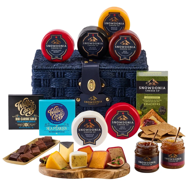 Snowdonia Cheese Company | Decadent Cheese Hamper | 6 Luxury Welsh Cheeses, 2 Chutneys, Wholemeal Crackers and 2 Chocolate Bars | Cheese and Chocolate Gift Set