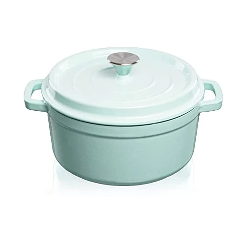 GRAND FEU Cast Iron Round Dutch Oven - Enamelled Cast Iron Pot with Lid and Wide Handles for Kitchen Stew, Paella, Frying, Roasting, Sauté - Casserole 4.7 L, Light Blue - Image 1