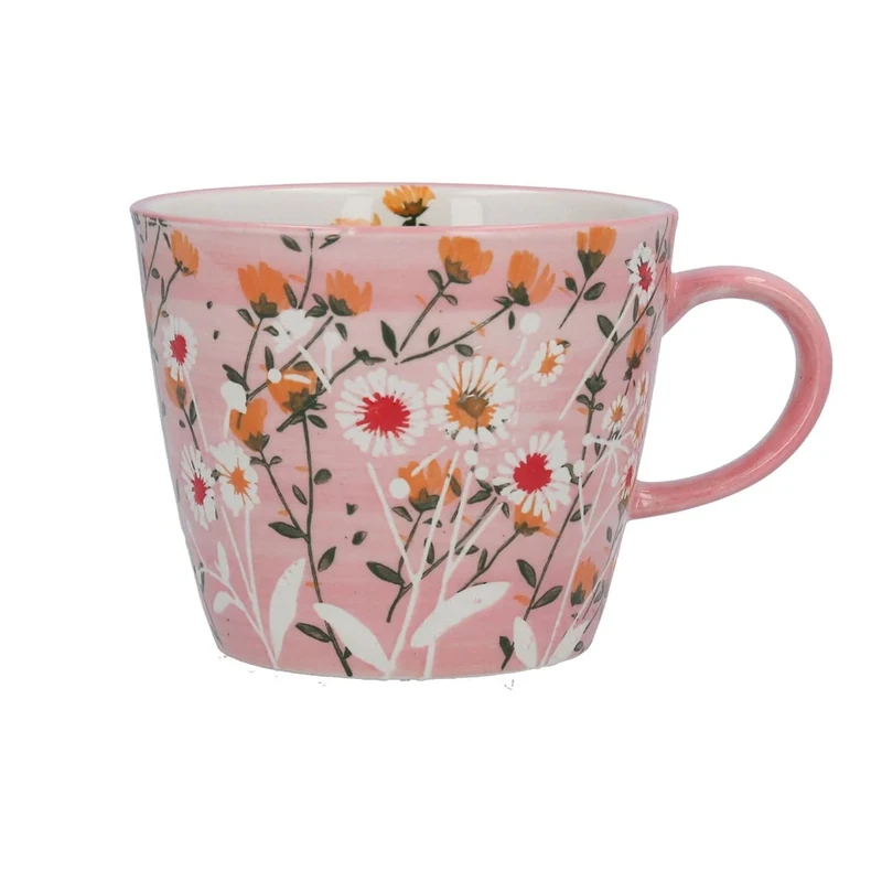 Gisela Graham Pink Ceramic Mug with Daisy Design - 12.5cm Coffee Cup