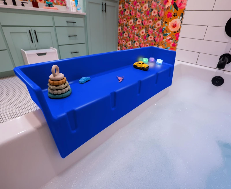 Tub Topper Bathtub Splash Guard Play Shelf Area -Toy Tray Caddy Holder Storage -Suction Cups Attach to Bath Tub -No Mess Water Spill in Bathroom -Fun for Toddlers Kids Baby, Blue, (911126)