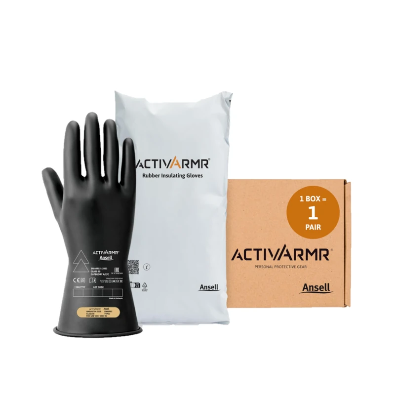 Ansell ActivArmr Electrician Work Gloves, Electrical Protection Class 00 (500V), Insulating Natural Rubber Latex Gloves, Industrial Safety PPE, 11 Inches, Black, Size L (1 Pair)