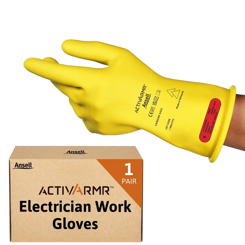 Ansell ActivArmr Electrician Work Gloves, Electrical Protection Class 0 (1000V), Insulating Natural Rubber Latex Gloves, Industrial Safety PPE, 11 Inches, Yellow, Size L (1 Pair)