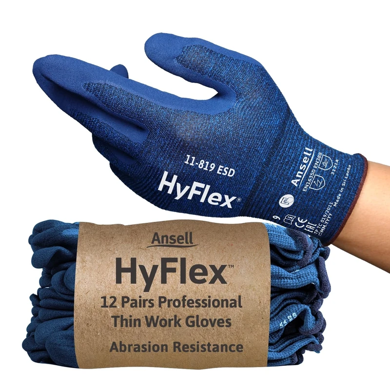 Ansell HyFlex 11-819 Ultrathin Work Gloves, Abrasion Resistant Nitrile Coating, Electrostatic Discharge Protection, Antistatic, Touchscreen, Industrial Safety, Blue, Size M (12 Pairs)