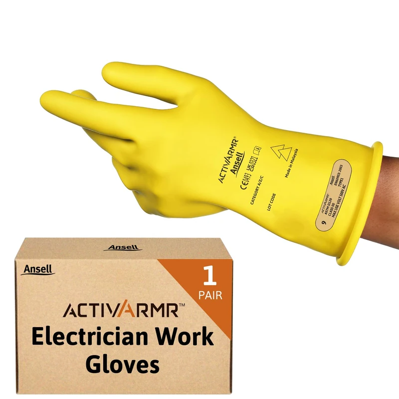 Ansell ActivArmr Electrician Work Gloves, Electrical Protection Class 00 (500V), Insulating Natural Rubber Latex Gloves, Industrial Safety PPE, 11 Inches, Yellow, Size M (1 Pair)
