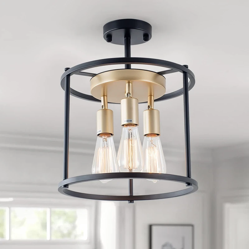 Industrial Semi Flush Mount Ceiling Light Fixture, 3-Light Farmhouse Vintage Black Ceiling Lamp with Adjustable Socket, Rustic Chandelier Metal Cage Shade for Kitchen Hallway Entryway Passway Bedroom