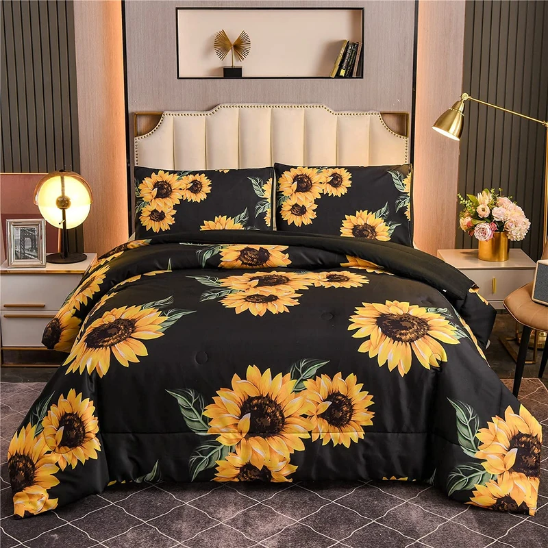 NTBED Black Sunflower Comforter Set Queen Floral Microfiber Bed Quilt for Girls Teens (Black, Queen)