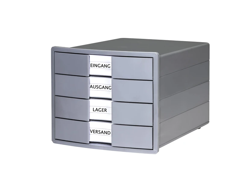 HAN Impuls 2.0 Karma Drawer Box at Least 80% Recycled Plastic with 4 Closed Drawers for DIN A4/C4 Including Labelling Labels, Pull-Out Lock, Furniture-Friendly Rubber Feet, 10128-18, Grey