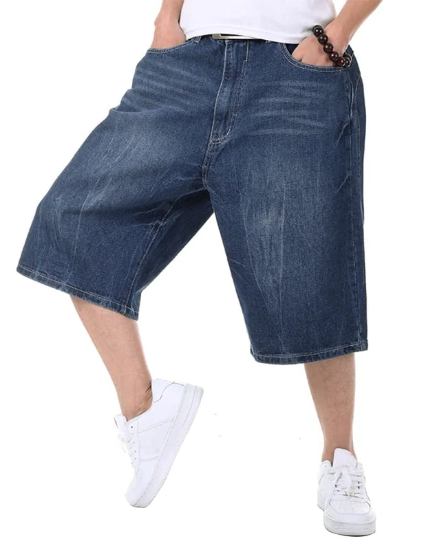 Kinghua Baggy Jean Shorts for Men Casual Loose Fit Hip Hop Skateboard Denim Shorts, Dark Blue 102-1, 38