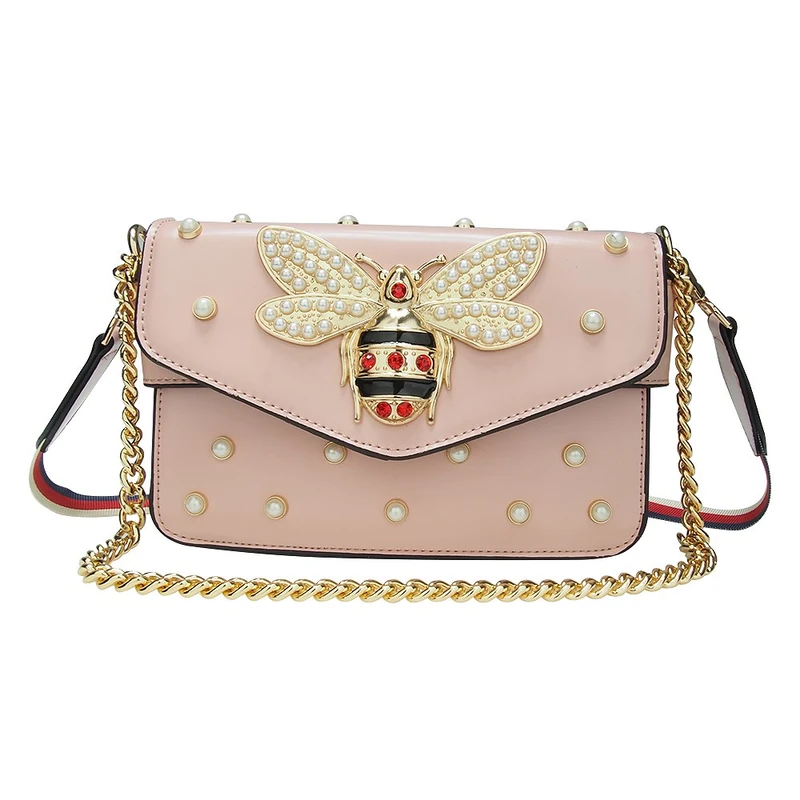 Beatfull Designer Bee Purse Fashion Crossbody Bags with Pearl for Women Pu Leather Shoulder Clutch Handbags, Rose, L