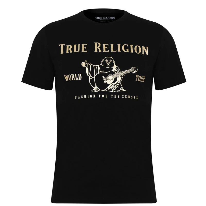 True Religion Men's Short Sleeve Metallic Buddha Tee, Black, L - Image 1