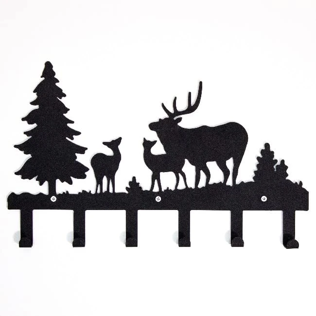 Homemania HOMESRV-128 Christmas Coat Rack - Animals, Forest, Deer with Hooks, Decoration, Wall Art, Hallway, Black Metal, 42 x 2 x 28 cm
