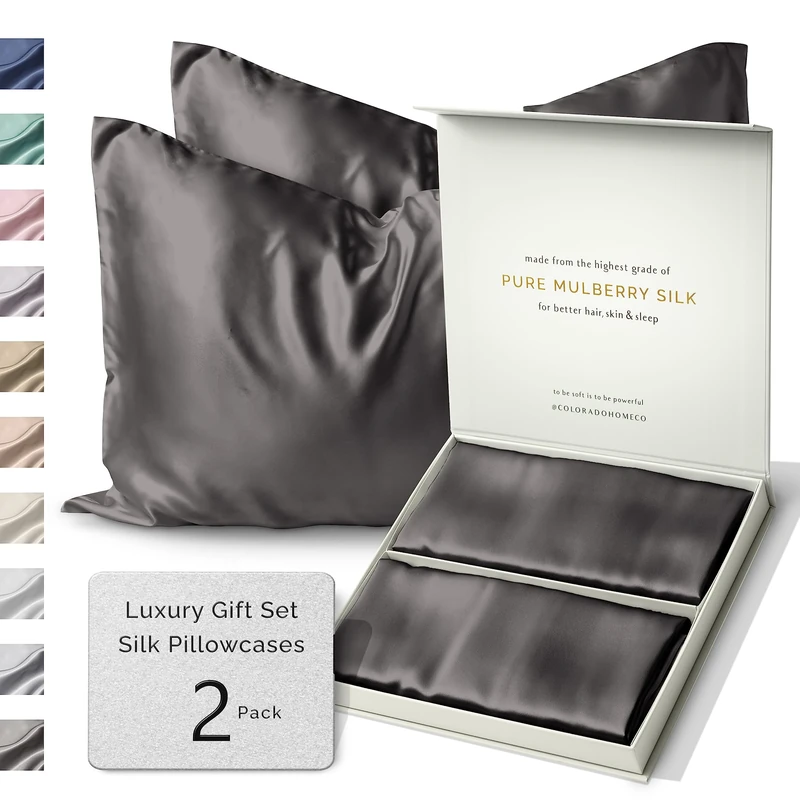 Colorado Home Co Silk Pillowcase 2 Pack - Silk Pillowcase for Hair and Skin - Queen Size Pillow Cases Set of 2-100% Mulberry Silk Pillowcase 2 Pack Charcoal Essence with Zipper