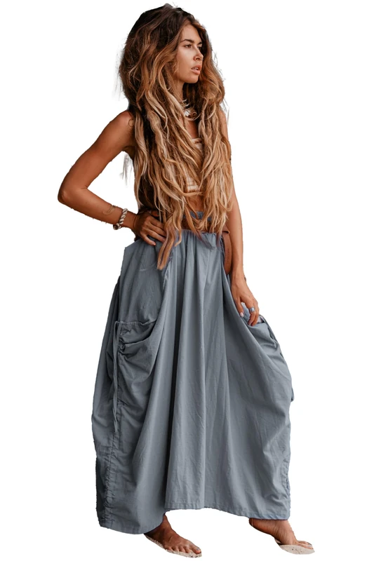 Thaluta Women's Maxi Boho Skirt with Pockets Bohemian Organic Cotton Hippie Gypsy, Grey, One Size